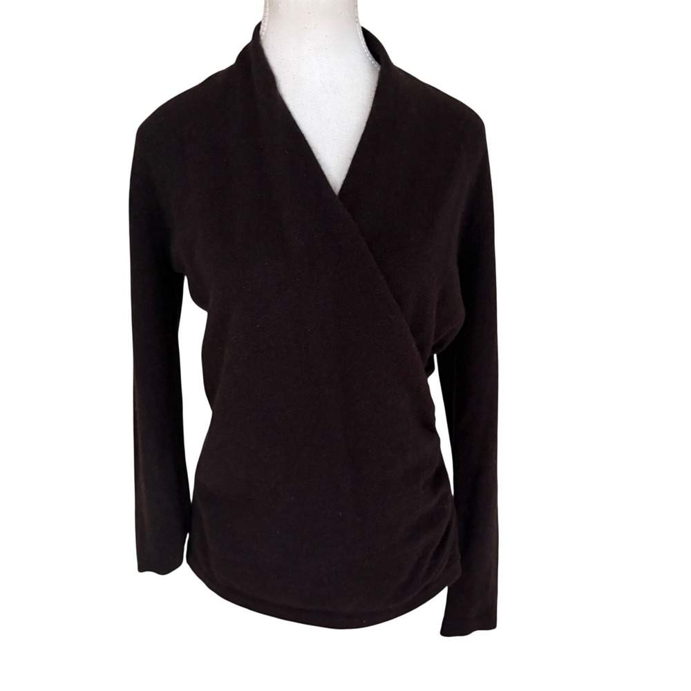 PLY CASHMERE Faux Wrap Cashmere Long Sleeve‎ Top Size Medium Brown